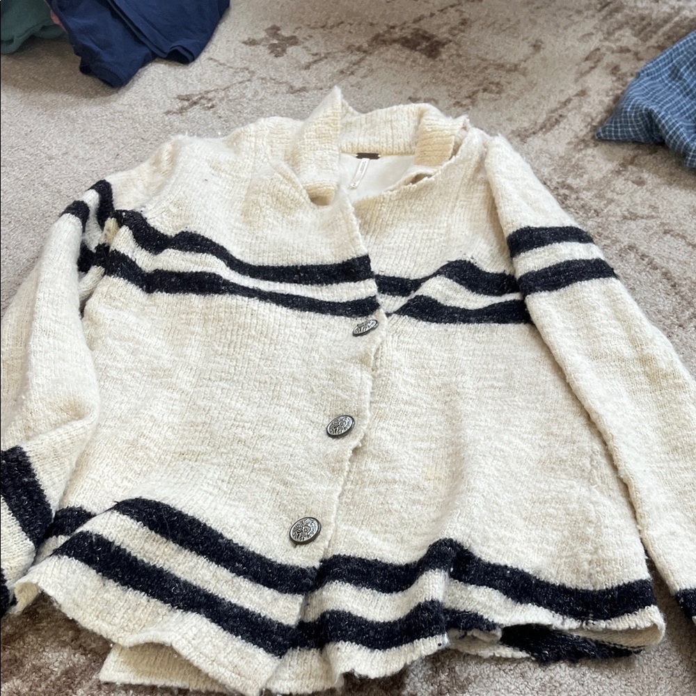 Free People Cream and Black Striped Cardigan